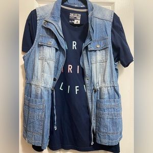 2-PIECE ADIDAS THREE STRIPE LIFE XL TEE w/ LIVE A LITTLE RIPPED JEAN VEST